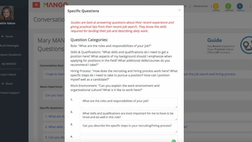 Customize the questions for your informational interview on the MANGO app conversation outline.