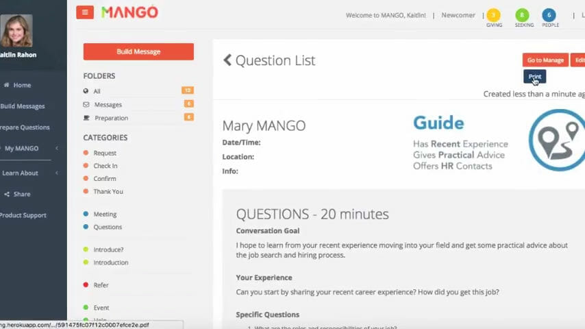 Informational interview conversation outline to print in the MANGO app.