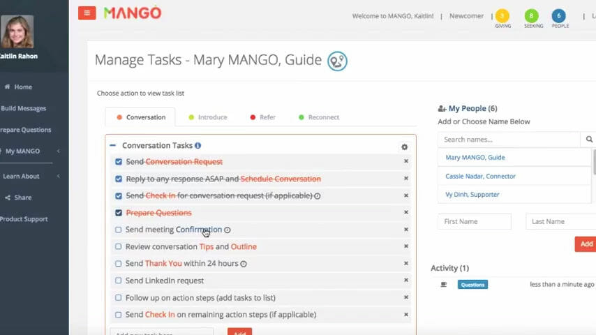 Meeting confirmation email for informational interview in the MANGO app task list.