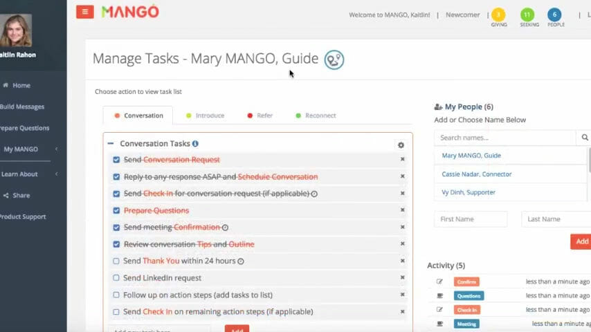 The Manage Tasks page in the MANGO app.