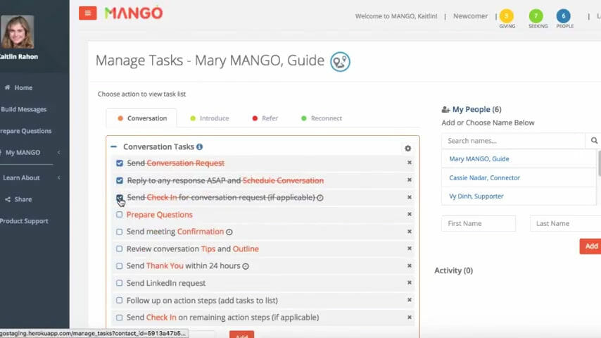 Manage networking tasks on the Manage Tasks page in the MANGO app.