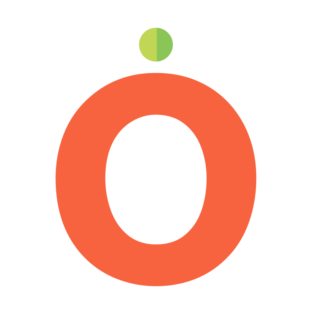 The MANGO logo - big orange O with green dot on top