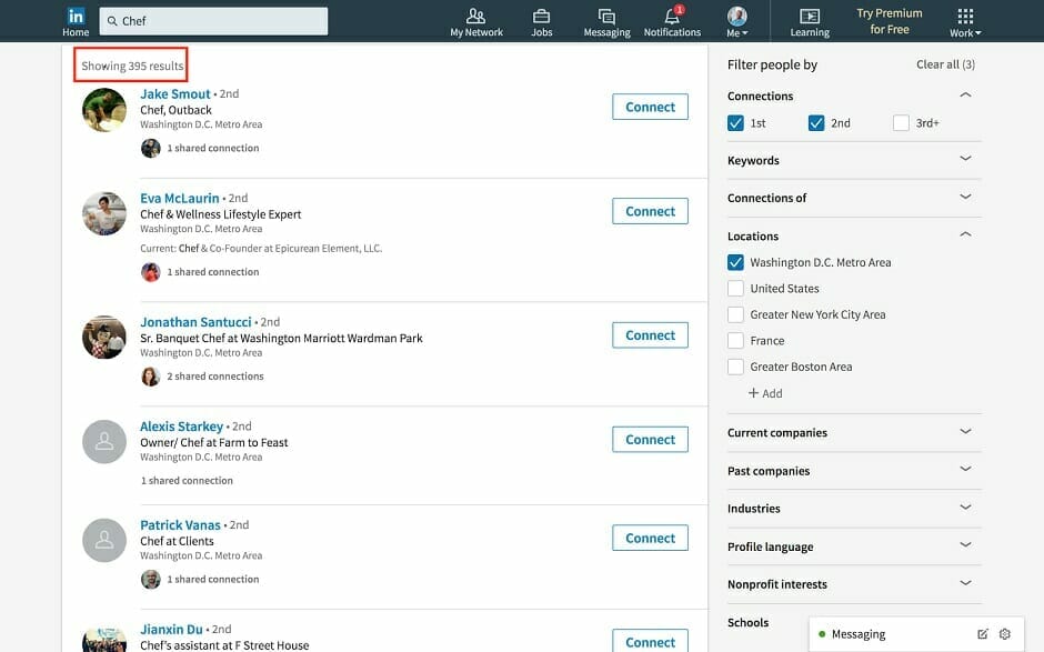 Filtered LinkedIn search results by industry shows hundreds of connections.