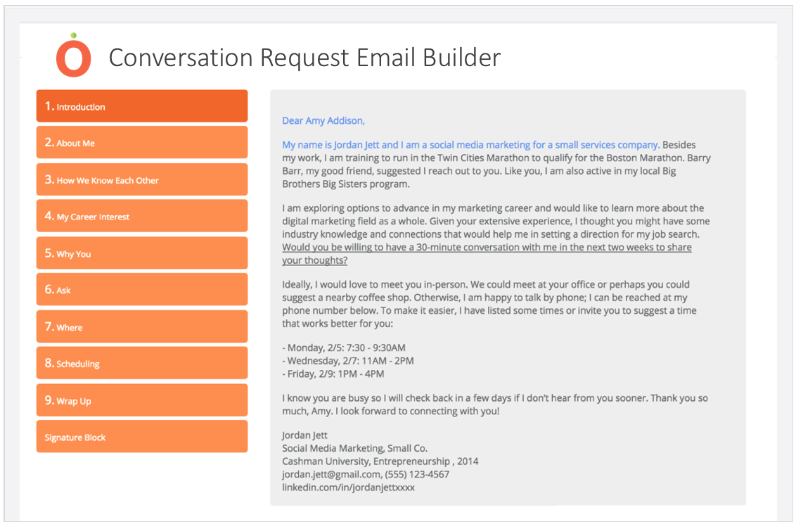 MANGO Conversation Request Email Builder screenshot showing nine essential ingredients for the email.