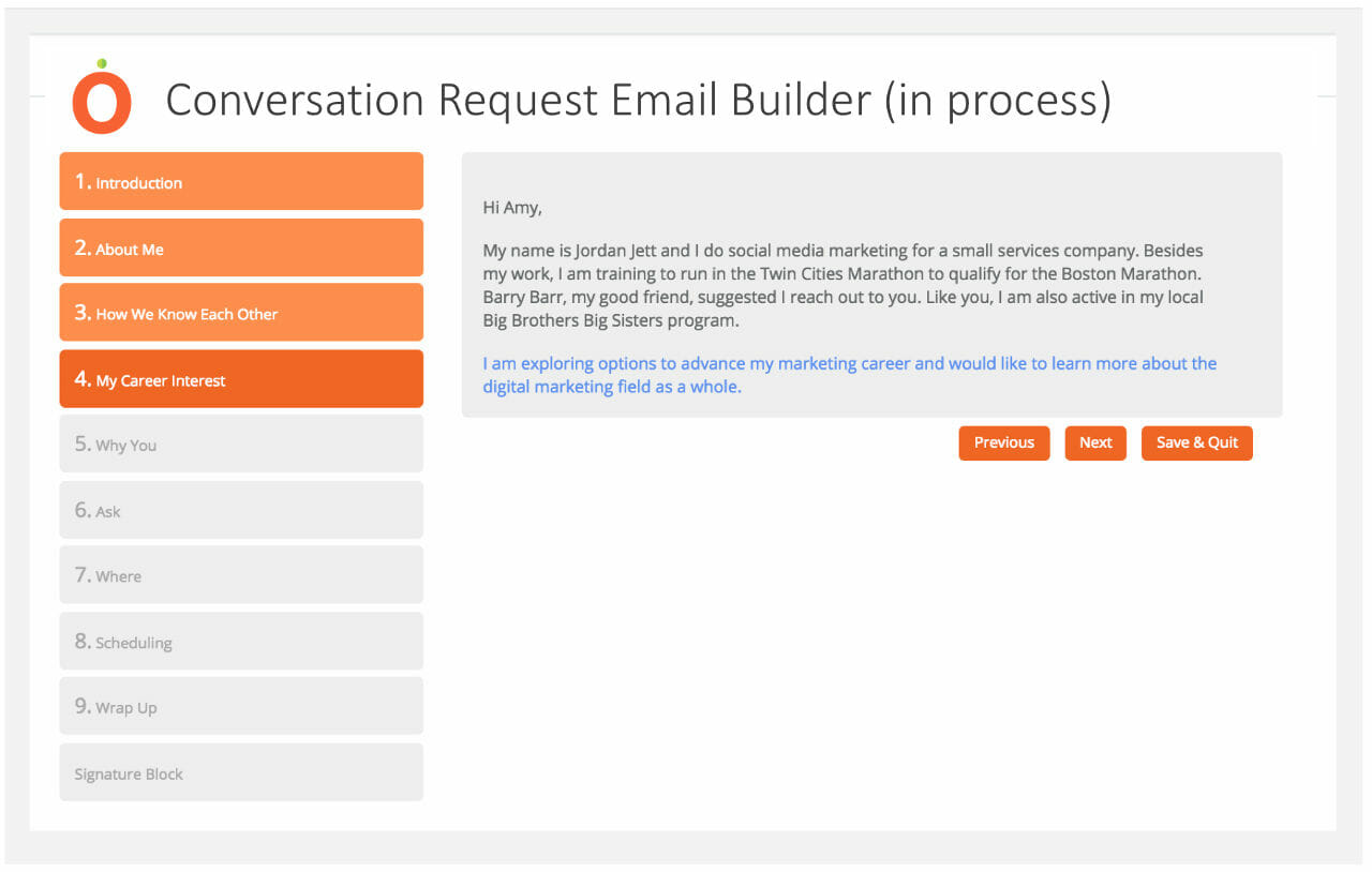 MANGO Conversation Request Email Builder screenshot showing in process custom email.