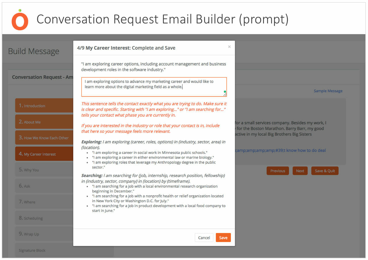 MANGO Conversation Request Email Builder screenshot showing prompts that guide you through email writing.
