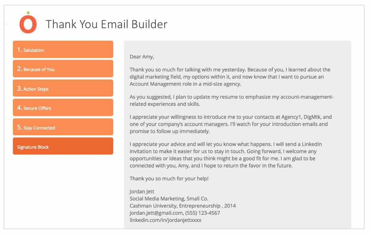 MANGO Thank You Email Builder screenshot showing five essential ingredients for the email.